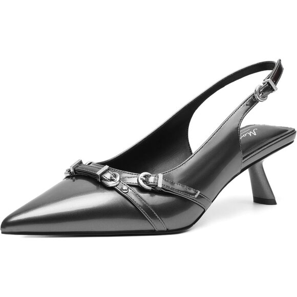 Mostrin Kitten Heel Metallic Grey Faux Leather Low Slingback Heels with Buckle - Picture 1 of 9